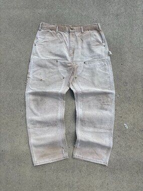 Vintage Carhartt Double Knee Carpenter Pants Distressed Faded Sand Beige USA